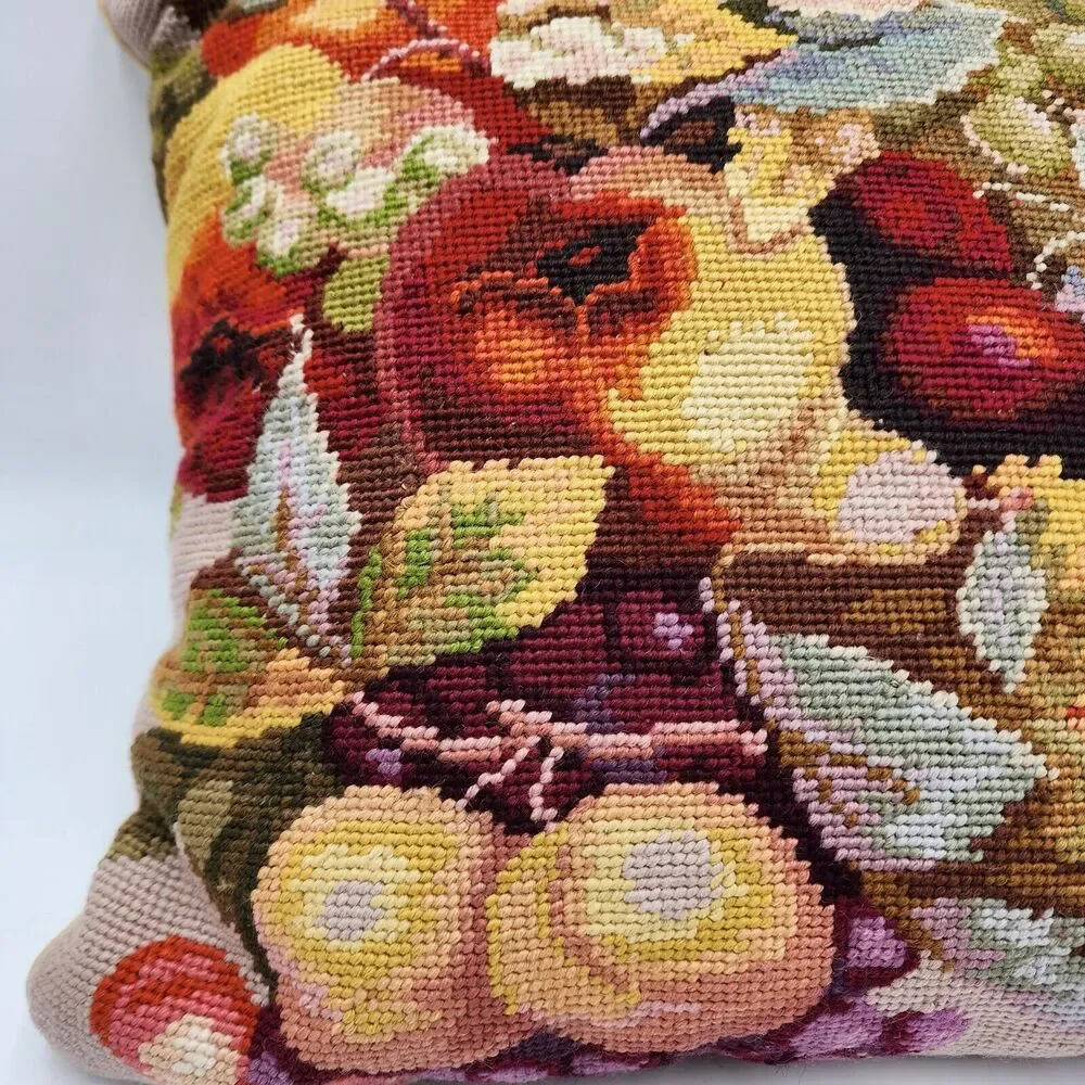 Vintage Needlepoint Throw Pillow Bright Fruit Handmade 15in Square Peach Grapes